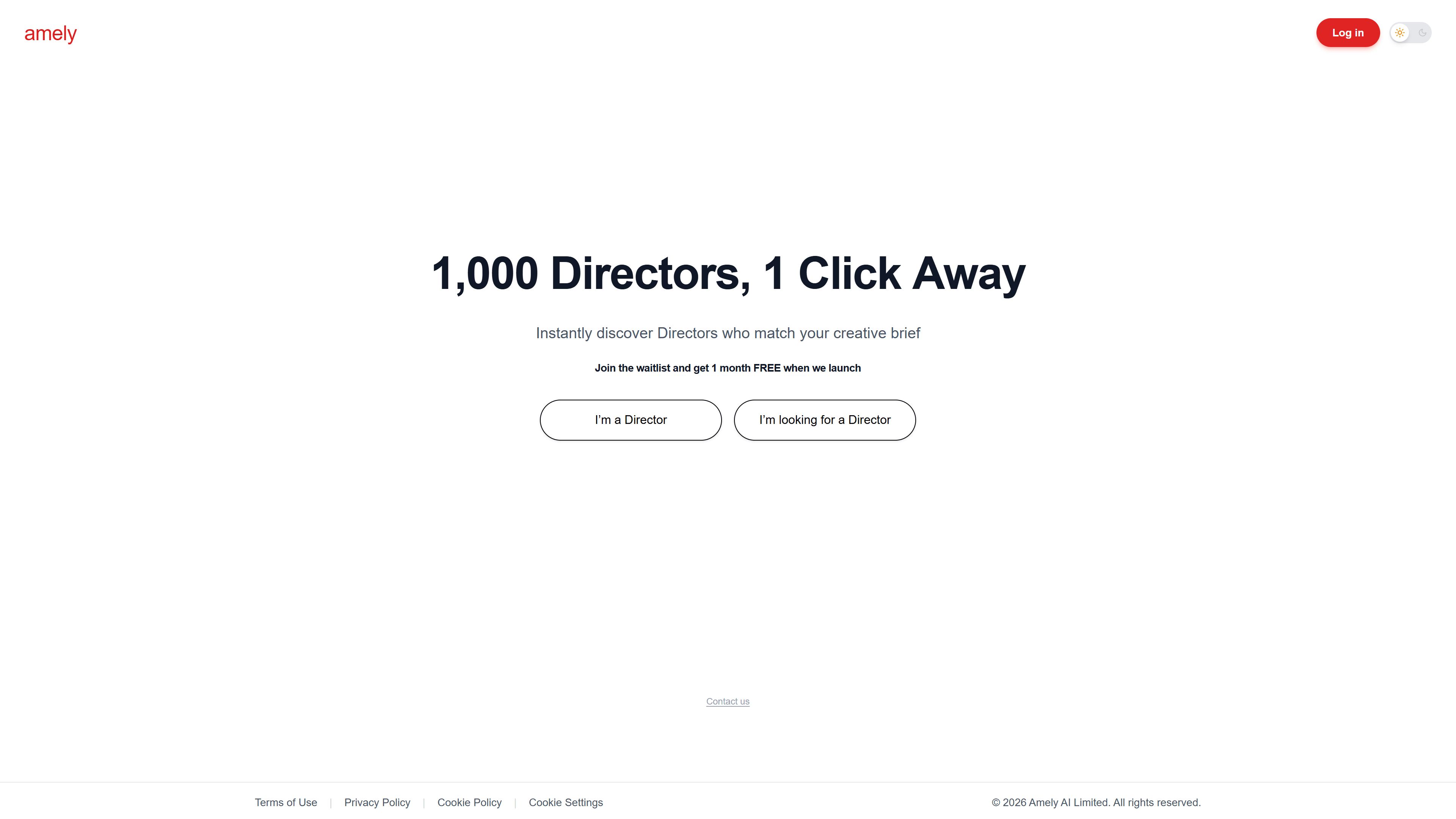 Amely waitlist landing page, with separate sign-up paths for directors and people looking for one